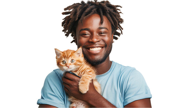 Portrait of happy man hugging and cuddling his cute baby orange cat. Domestic pets isolated on transparent background
