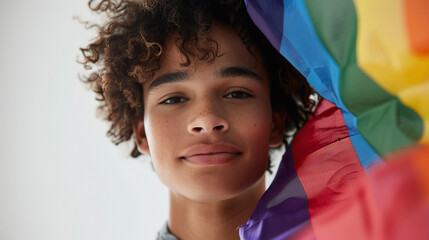 A minimalist close-up portrait of an LGBTQ person holding a pride flag