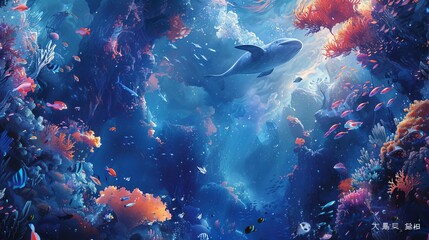 Naklejka premium Design a birds-eye view of a snorkeler gliding through a surreal underwater world