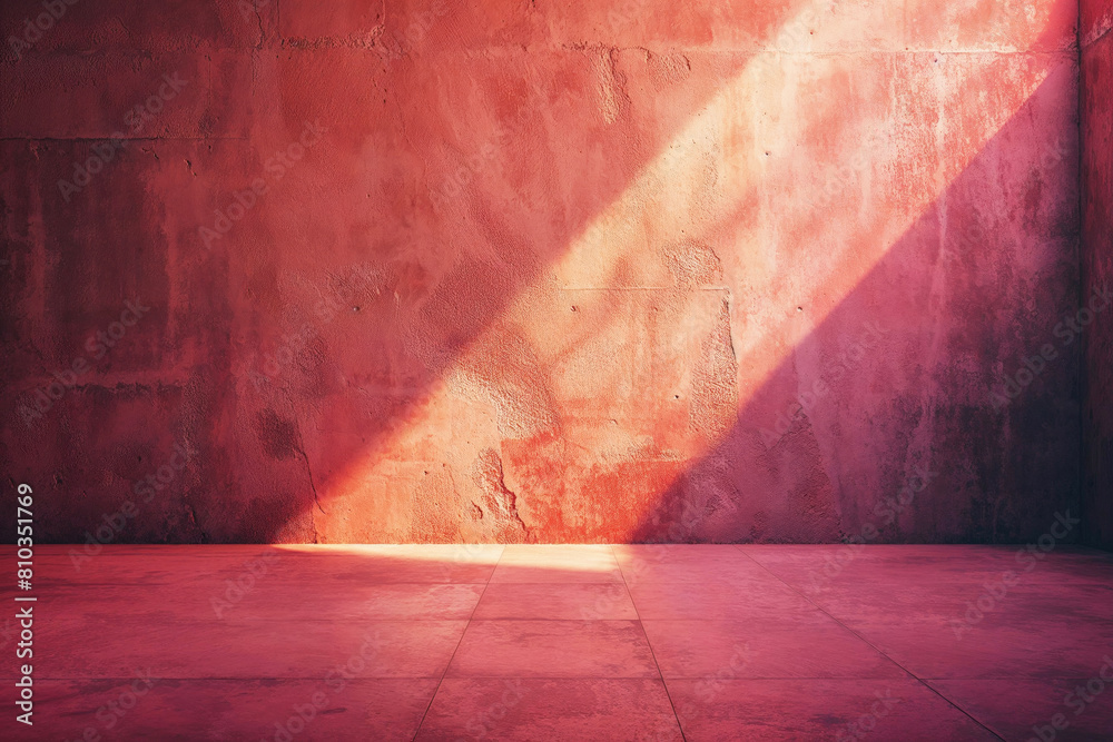 Poster Red wall with contrasting sunlight and shadow on a smooth surface. Artistic play of light in urban space. Background for design or conceptual art.