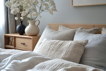Minimalist Tranquil Bedroom in Soft Grays with Functional Furniture and Morning Glow, Showcasing Smooth Wood Textures and Clean Lines for a Calming Atmosphere