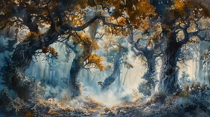 Embark on a panoramic view journey through a mystical forest at dawn Capture the ethereal mist enveloping ancient trees, painting a serene yet magical atmosphere in watercolor