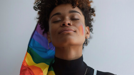 A minimalist close-up portrait of an LGBTQ person holding a pride flag