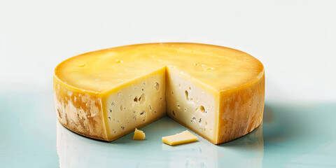Fototapeta premium gourmet cheese wheel cut open on a reflective surface