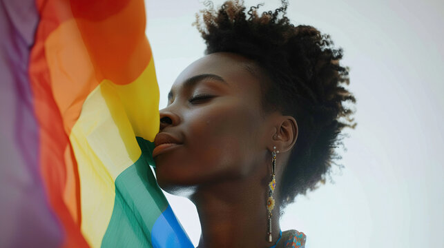 A minimalist close-up portrait of an LGBTQ person holding a pride flag