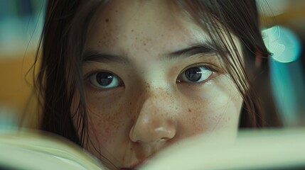 A close-up of a student's face. The student is reading a book and is engrossed in the material. The student's eyes are wide and the expression is one of concentration.