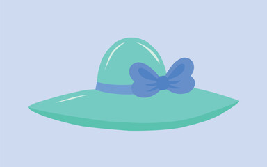 Blue women's summer beach hat with a blue bow, on a light background, vector stock illustration,