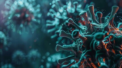 A close-up of a virus, showing its structure and how it replicates. The virus is a threat to humanity, and scientists are working to find a way to stop it.