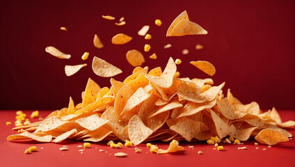 Naklejka premium Corn chips fall isolated on red background