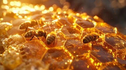 A group of bees are seen on a honeycomb