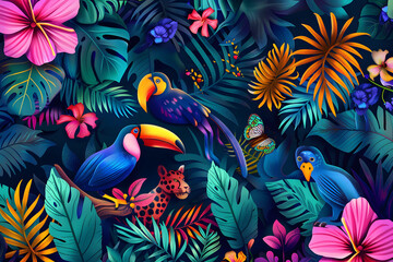 Exotic Wildlife Jungle Art. Colorful Jungle, leaf and Animals such as tiger, macaw, parrot, bird, giraffe, panda, bear.