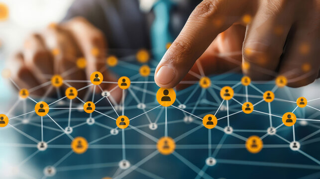 Hands, touch and icon for global network or worldwide, communication and connectivity with choice for partnership. Person, database symbol and international selection with hologram,