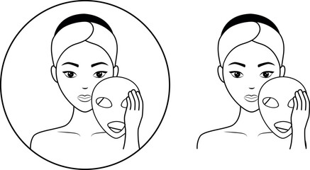 The girl is preparing to put a mask on her face. She attends beauty treatments, takes care of her face and skin.A skin care icon, an image of a woman's face on a transparent background. Vector icon.