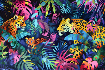 Exotic Wildlife Jungle Art. 
Colorful Jungle, leaf and Animals such as tiger, macaw, parrot, bird, giraffe, panda, bear.