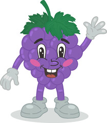 Retro cartoon grape mascot in the groove style. Vector illustration of a cute grape. Nostalgia for the 60s, 70s, 80s. Hand-drawn funny cartoon character in retro vintage style.