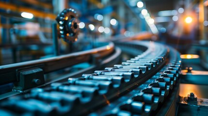 a close-up of a conveyor belt in factory, gears turning, and belts whirring, capturing the essence of industrial efficiency 