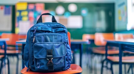blue school bag in a living room with blurred background in high resolution