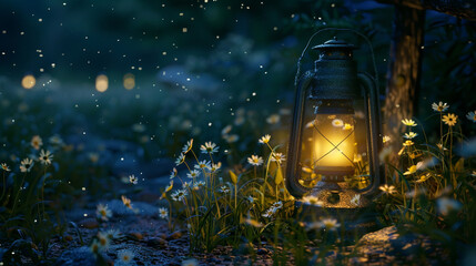 Night light lantern in the grass with a yellow star