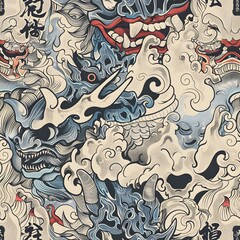 seamless pattern of Japanese ukiyo-e hand drawing illustration of yokai and oni monsters mythology for fabric design, art print, textiles, wallpaper, and more