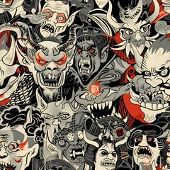 seamless pattern of Japanese ukiyo-e hand drawing illustration of yokai and oni monsters mythology for fabric design, art print, textiles, wallpaper, and more