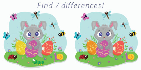 Cute Easter bunny with eggs. Spot the Differences, an educational game for kids. The game "Spot the differences" with the Easter bunny. An educational game for children. Vector illustration.