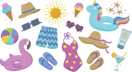 Vector summer illustrations, swimsuit, shorts, flip-flops, swimming circles, ball, sunglasses, ice cream, etc., hand-drawn. Suitable for website, postcard, poster, cover, sticker set. Vector