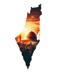 Silhouette of a Palestine map with a sunset in the background and Inside the map is the Dome of the Rock and Al Aqsa Mosque. Palestine Map illustration