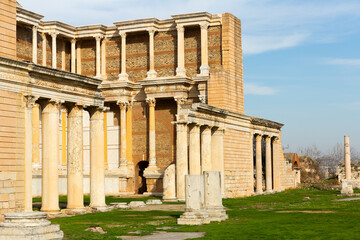 Naklejka premium Architectural elements of antique bath gymnasium complex of Sardis. Turkish historical and cultural monument in Manisa Province