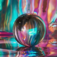A highly detailed render of a glossy sphere reflecting a rainbow of colors. The sphere is sitting on a reflective surface. There is a colored gradient background. Render the image in Octane.
