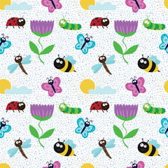 Cute seamless pattern with insects and flowers. 