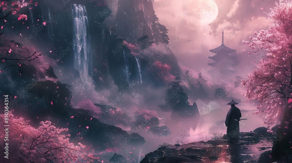 Wall mural Illustrate a sweeping vista of a cherry blossom-filled valley