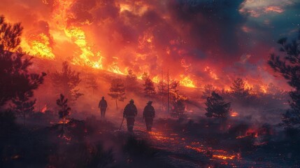Illustrate a surreal long shot scene of firefighters strategically combating a raging fire in a fantastical landscape - obrazy, fototapety, plakaty