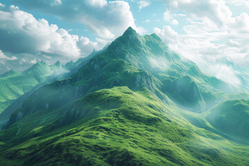 beautiful green mountain with a big peak, blue sky, soft lighting, fantasy landscape, cinematic, hyper realistic, super detailed, photography, --ar 125:83 Job ID: b566a78d-fd9f-4cea-b287-d3a4314a04bd