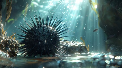 Transport onlookers to an enchanting realm through a digital CG 3D depiction of a sea urchin in a worms-eye view Ensure photorealistic rendering of each spine and subtle play of li