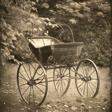 An old pram sits in a garden. The pram is made of wicker and has a black canopy. The wheels are made of wood and have metal spokes. The pram is surrounded by tall grass and weeds.