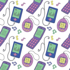 Seamless pattern featuring tamagotchi, mobile phone, player and other items in the colorful style of the 80s and 90s. Commercial vector illustration.