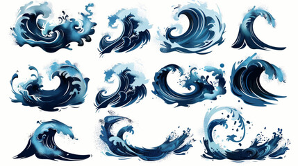Blue ocean waves. Abstract sea silhouette wave icon. Marine decorative splashes, spray, splatter water sign. Tsunami, nautical tide, storm and weather on ocean. 3D avatars set vector icon, white backg