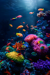 Fototapeta na wymiar Ethereal Glow in Ocean's Depth: A visual Journey into Vibrant Underwater Ecosystem