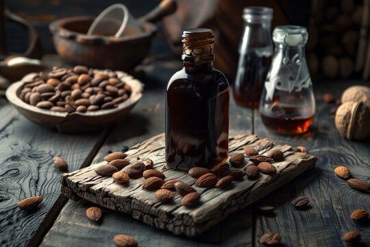 almond flavored syrup for coffee on the podium