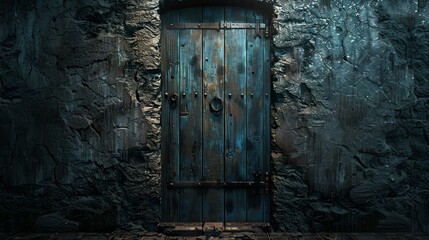 Rustic wooden door in a dungeon wall, close-up illustration capturing the nightmare concept, set in a mystical, dark atmosphere