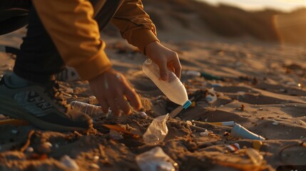 close up the volunteer stooping to pick up a plastic bottle from the sand, with other litter scattered around, underlining the urgent need for beach conservation efforts