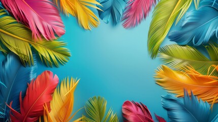 Realistic summer fashion sale ad framed by exotic bird feathers, vibrant colors highlighting stylish copy space, perfectly isolated