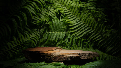 brown stones with texture and green leaves for the podium