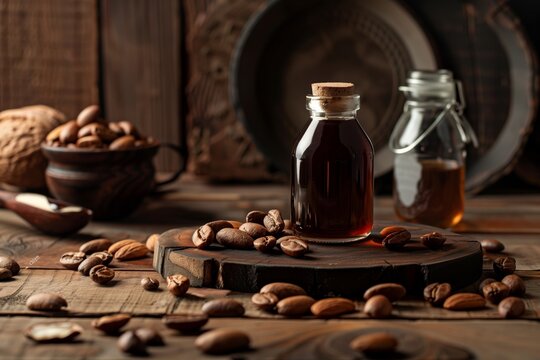 almond flavored syrup for coffee on the podium