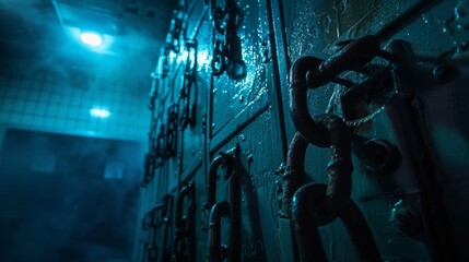 Nightmarish close-up of a school locker cabinet, with dungeon chains and ominous lighting creating a mystical atmosphere