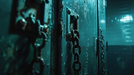 Mystical, nightmare-like close-up of a school locker with dungeon elements, chains and dim lighting enhancing the shadowy concept