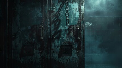 Mystical, nightmare-like close-up of a school locker with dungeon elements, chains and dim lighting enhancing the shadowy concept