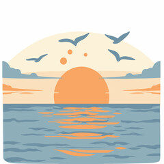 Obraz premium Sunrise with sea in cartoon, doodle style. Image for t-shirt, web, mobile apps and ui. Isolated 2d vector illustration in logo, icon, sketch style, Eps 10. AI Generative