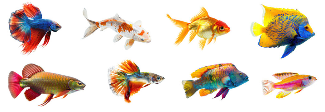 Set of Various types of beautiful fish, Betta fish, Arowana fish, koi fish, Goldfish, Guppy fish, Candy Basslet fish, Angelfish, Parrotfish, isolated on white background, png