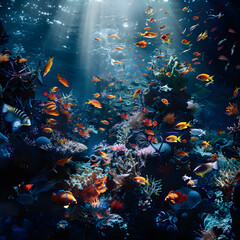 Fototapeta na wymiar Ethereal Glow in Ocean's Depth: A visual Journey into Vibrant Underwater Ecosystem